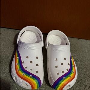 White Crocs with Rainbow Stripe